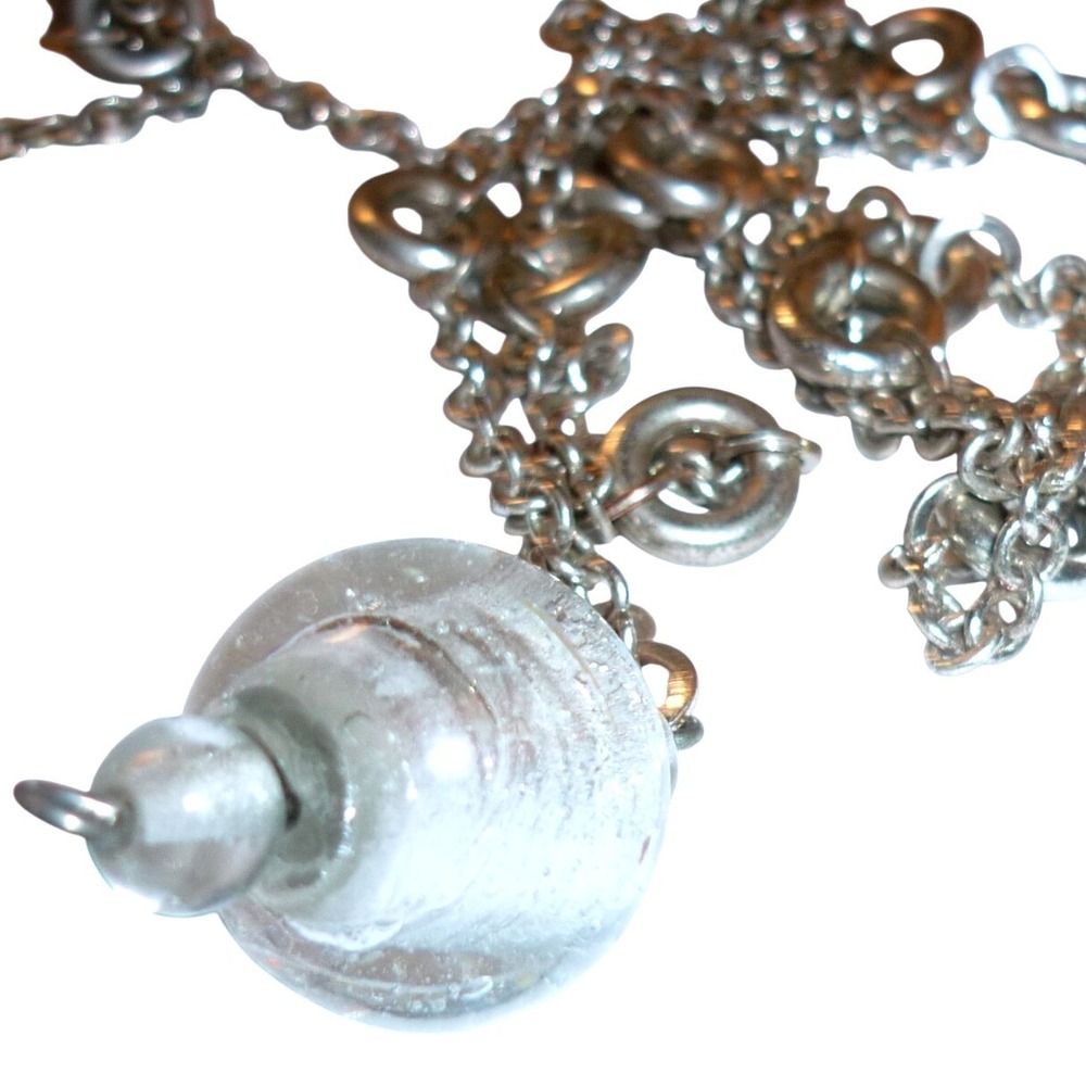 Vintage Silver Tone Foil Glass Orb Pendant Necklace Double‎ Chain 18 Inch